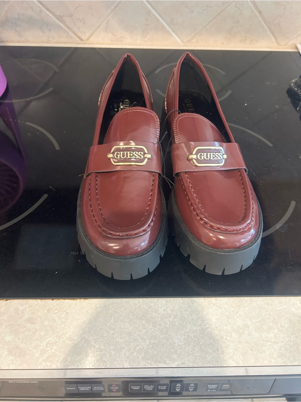 GUESS Men's Burgundy Patent Leather Lug Loafers with Gold Logo